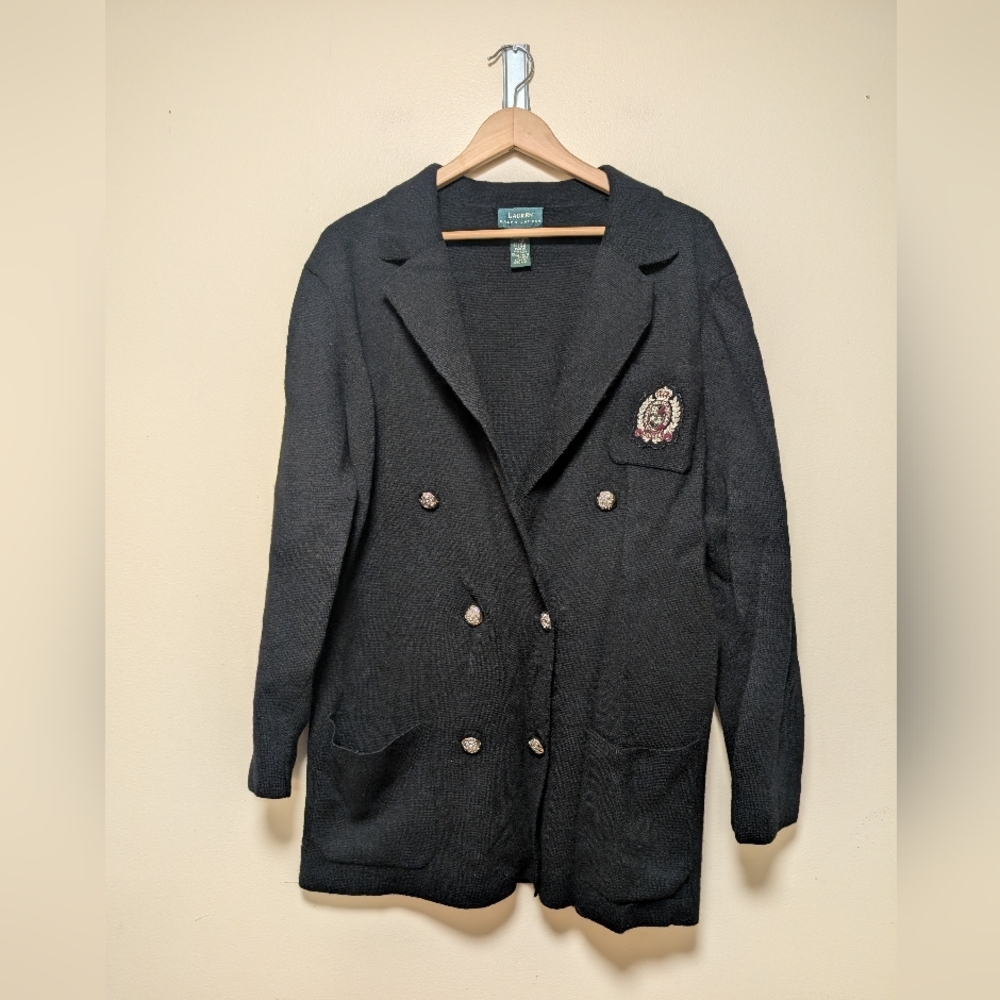 Lauren Ralph Lauren 100% Merino Wool Crest Blazer Cardigan Black – Made in Hong